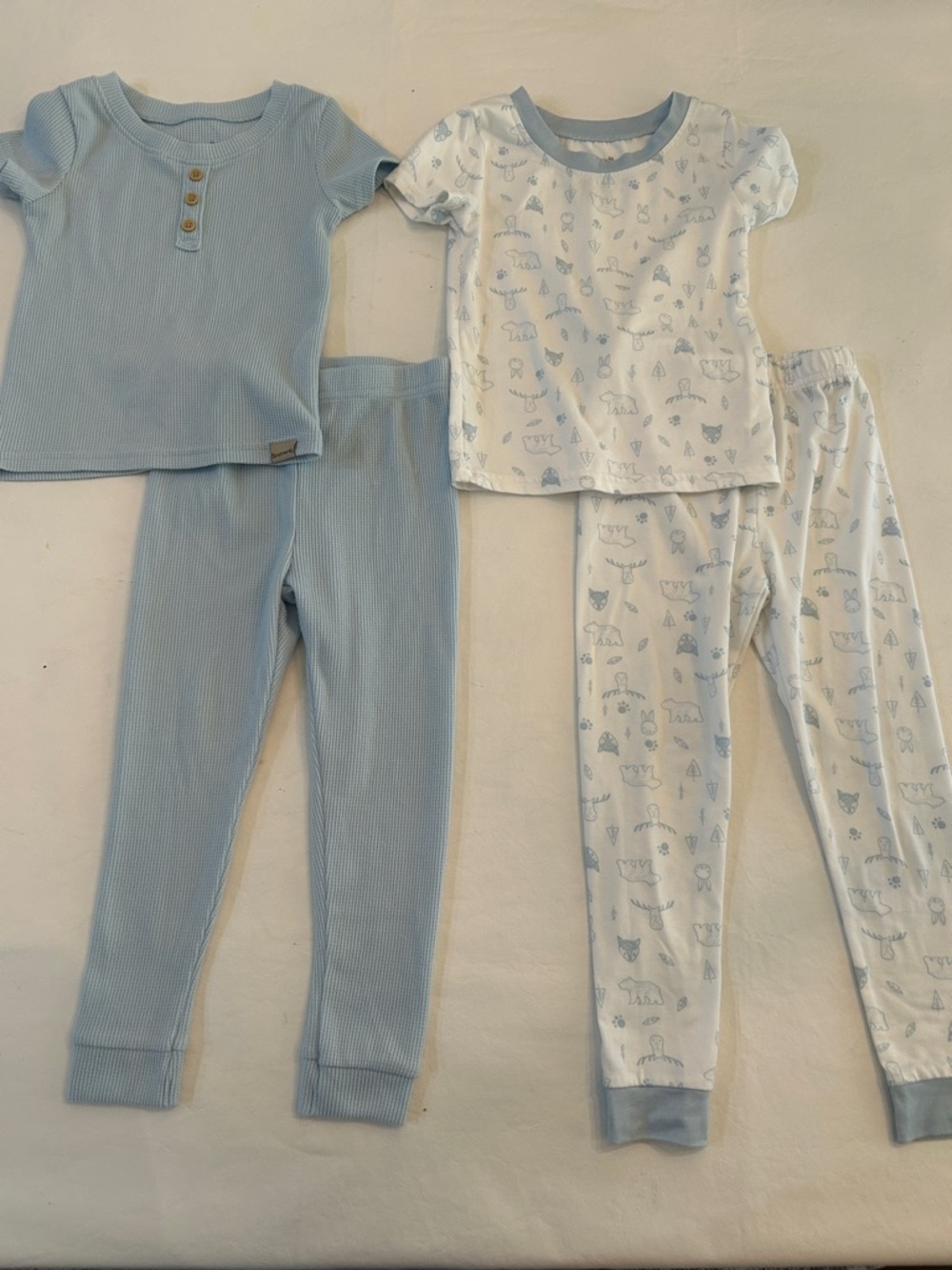 BearPaw Light Blue and White Kids Pajama Set - 2pc Ribbed & Printed